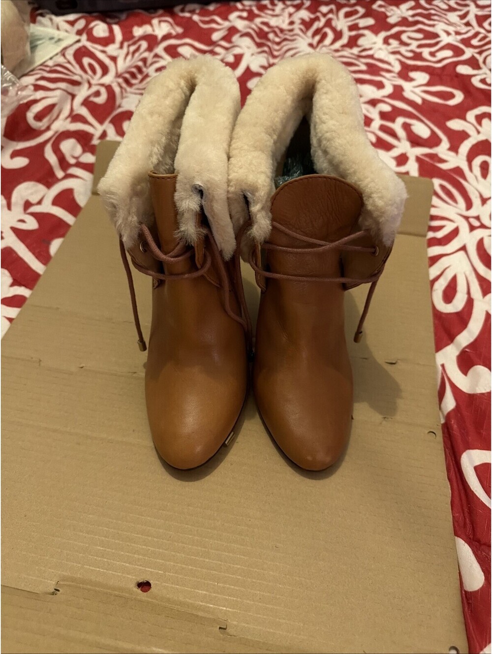 Coach Malia Brown Leather Shearling Trim Ankle Boots Heels Women's Size 8 B